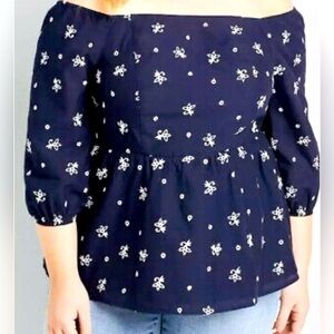 Lane Bryant Peplum Blouse Navy Eyelet Size 26P 3/4 Sleeve Lined 100% Cotton